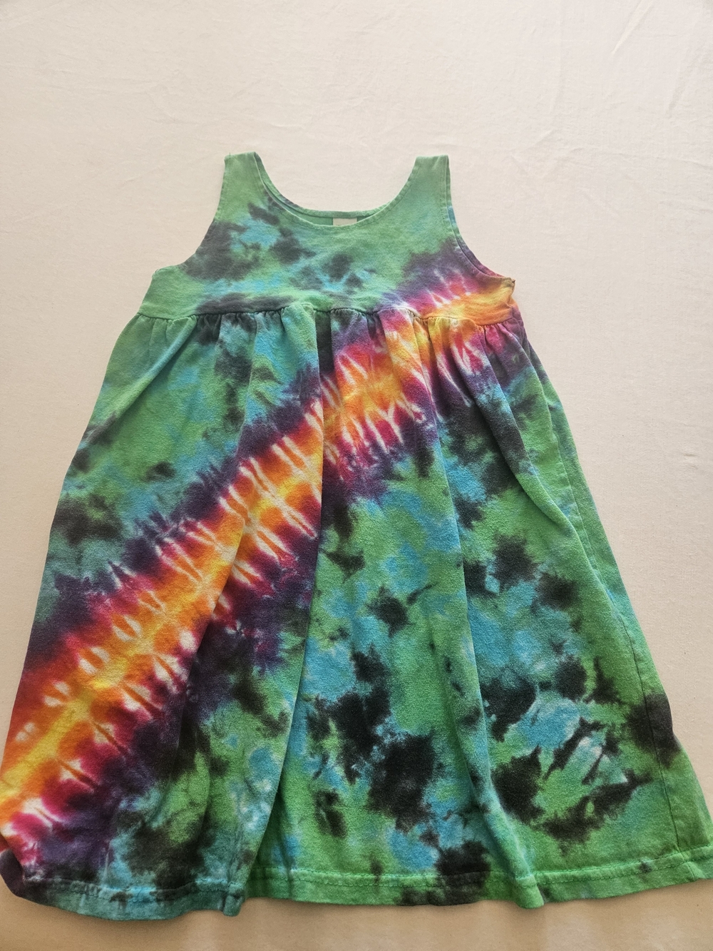 Boho Hippy Comfortable Tie-Dye Tank Dress - Green Multi Girls Size 5